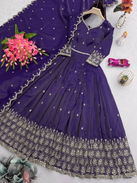 Shimmer Silk Purple Pink Gown Set with Dupatta Indian Ethnic Party Dress Anarkali Kurtis 
