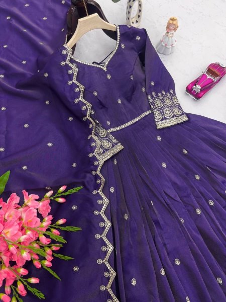 Shimmer Silk Purple Pink Gown Set with Dupatta Indian Ethnic Party Dress Anarkali Kurtis 
