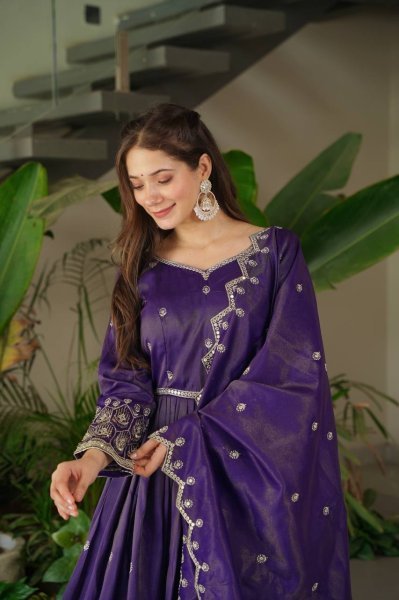 Shimmer Silk Purple Pink Gown Set with Dupatta Indian Ethnic Party Dress Anarkali Kurtis 