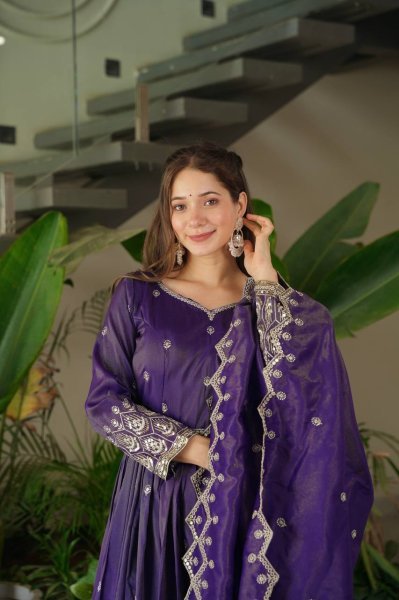 Shimmer Silk Purple Pink Gown Set with Dupatta Indian Ethnic Party Dress Anarkali Kurtis 
