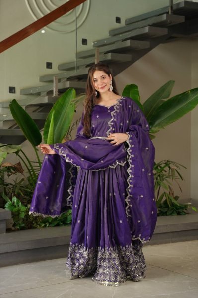 Shimmer Silk Purple Pink Gown Set with Dupatta Indian Ethnic Party Dress Anarkali Kurtis 