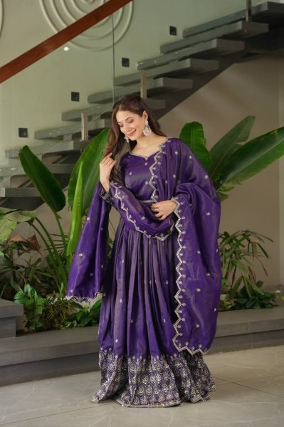 Shimmer Silk Purple Pink Gown Set with Dupatta Indian Ethnic Party Dress Anarkali Kurtis 