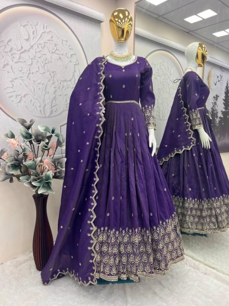 Shimmer Silk Purple Pink Gown Set with Dupatta Indian Ethnic Party Dress Anarkali Kurtis 