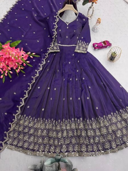 Shimmer Silk Purple Pink Gown Set with Dupatta Indian Ethnic Party Dress Anarkali Kurtis 
