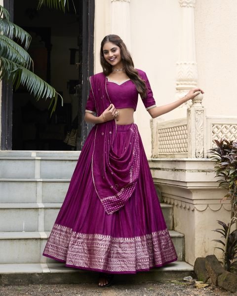 Shop Pure Chanderi Plain Lehenga with Intricate Zari Work Border, Designer Lehenga Choli