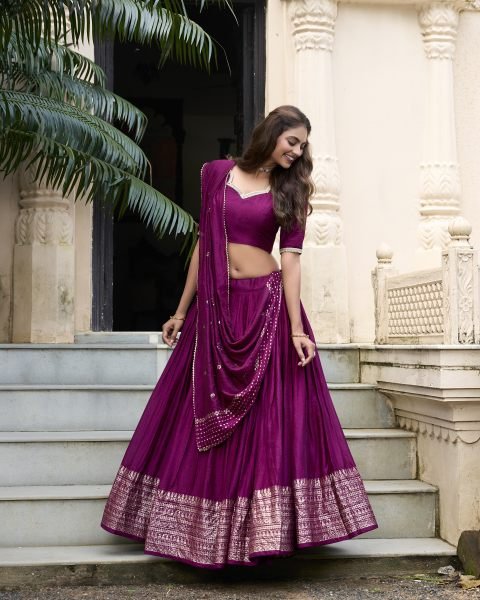 Shop Pure Chanderi Plain Lehenga with Intricate Zari Work Border, Designer Lehenga Choli