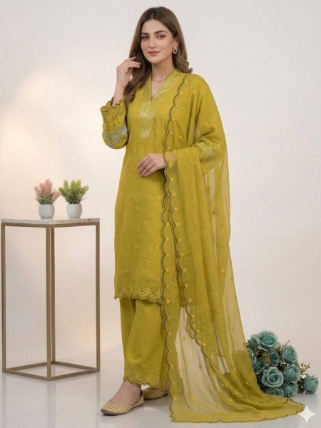 Shopkeeper Choice Mustard Yellow Embroidery Cut Work Design Palazzo Suit With Dupatta 