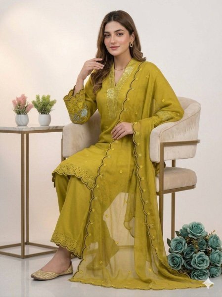 Shopkeeper Choice Mustard Yellow Embroidery Cut Work Design Palazzo Suit With Dupatta Ready To Wear Collection