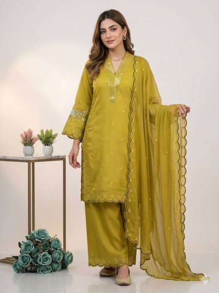 Shopkeeper Choice Mustard Yellow Embroidery Cut Work Design Palazzo Suit With Dupatta Ready To Wear Collection