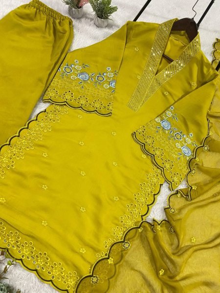 Shopkeeper Choice Mustard Yellow Embroidery Cut Work Design Palazzo Suit With Dupatta Ready To Wear Collection