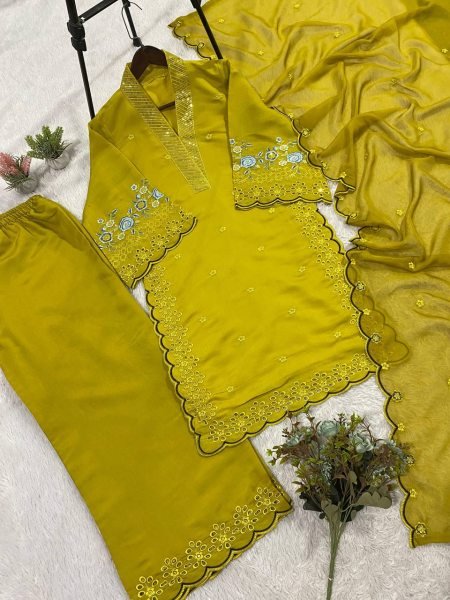 Shopkeeper Choice Mustard Yellow Embroidery Cut Work Design Palazzo Suit With Dupatta Ready To Wear Collection