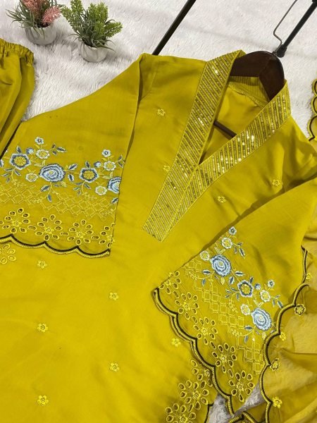 Shopkeeper Choice Mustard Yellow Embroidery Cut Work Design Palazzo Suit With Dupatta Ready To Wear Collection
