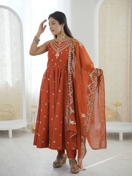 Showroom Finish Orange Roman Silk Anarkali Suit with Pant and Dupatta Festive Special 