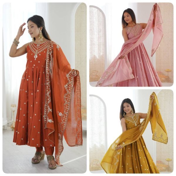 Showroom Finish Orange Roman Silk Anarkali Suit with Pant and Dupatta Festive Special Ready To Wear Collection