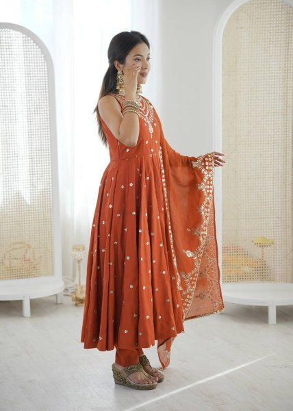 Showroom Finish Orange Roman Silk Anarkali Suit with Pant and Dupatta Festive Special Ready To Wear Collection