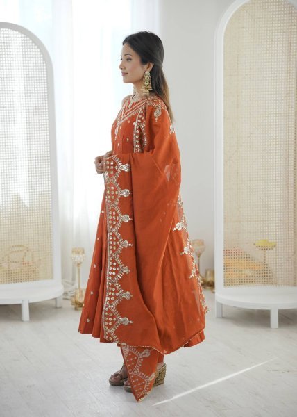 Showroom Finish Orange Roman Silk Anarkali Suit with Pant and Dupatta Festive Special Ready To Wear Collection
