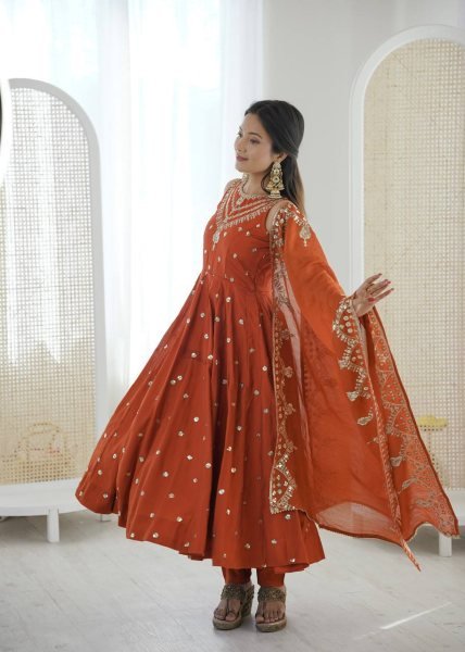 Showroom Finish Orange Roman Silk Anarkali Suit with Pant and Dupatta Festive Special Ready To Wear Collection