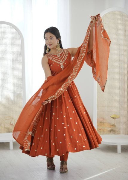 Showroom Finish Orange Roman Silk Anarkali Suit with Pant and Dupatta Festive Special Ready To Wear Collection