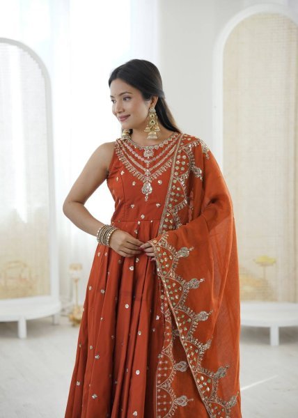 Showroom Finish Orange Roman Silk Anarkali Suit with Pant and Dupatta Festive Special Ready To Wear Collection