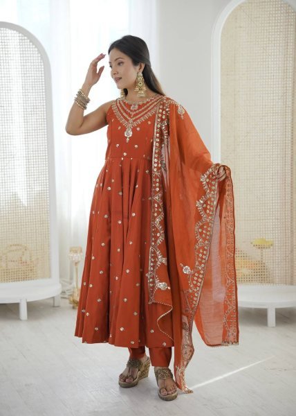 Showroom Finish Orange Roman Silk Anarkali Suit with Pant and Dupatta Festive Special Ready To Wear Collection