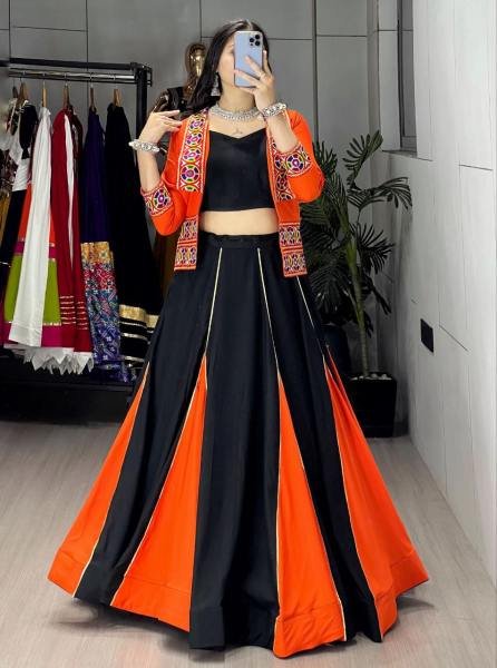 Showstopper Black And Orange Color Rayon Cotton Readymade Lehenga Choli with 6 Meter Flair and Koti At Manufacturer Price Navratri Lehnega Choli