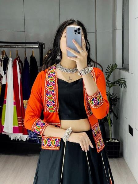 Showstopper Black And Orange Color Rayon Cotton Readymade Lehenga Choli with 6 Meter Flair and Koti At Manufacturer Price Navratri Lehnega Choli