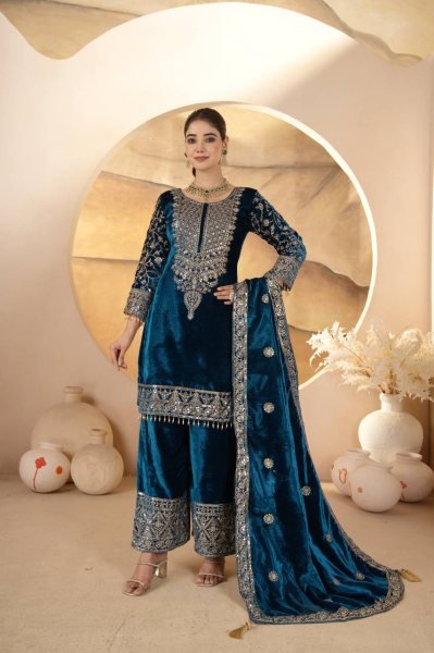 Showstopper Blue Viscose Velvet Coding Embroidery   Sequence Work Suit Full Sleeves   Lace Border Dupatta Perfect for Winter Party Wear Ready To Wear Collection