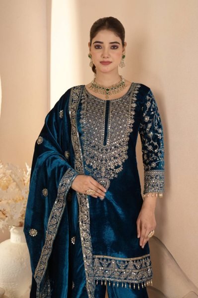 Showstopper Blue Viscose Velvet Coding Embroidery   Sequence Work Suit Full Sleeves   Lace Border Dupatta Perfect for Winter Party Wear Ready To Wear Collection