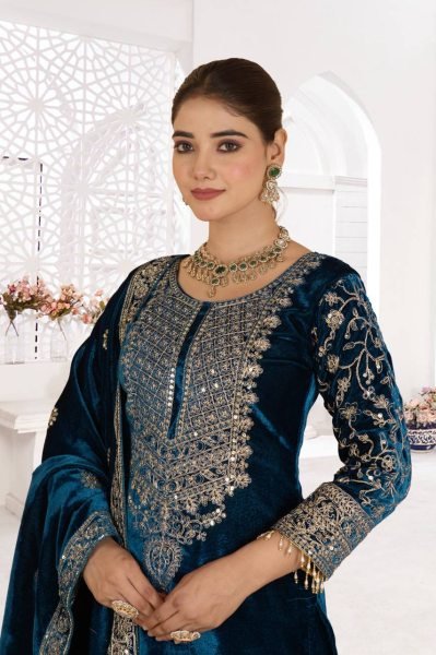 Showstopper Blue Viscose Velvet Coding Embroidery   Sequence Work Suit Full Sleeves   Lace Border Dupatta Perfect for Winter Party Wear Ready To Wear Collection