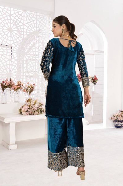 Showstopper Blue Viscose Velvet Coding Embroidery   Sequence Work Suit Full Sleeves   Lace Border Dupatta Perfect for Winter Party Wear Ready To Wear Collection