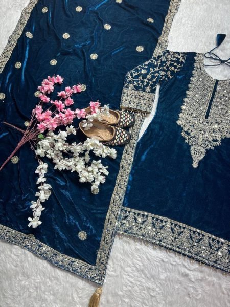 Showstopper Blue Viscose Velvet Coding Embroidery   Sequence Work Suit Full Sleeves   Lace Border Dupatta Perfect for Winter Party Wear Ready To Wear Collection