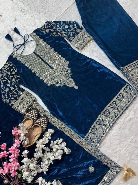 Showstopper Blue Viscose Velvet Coding Embroidery   Sequence Work Suit Full Sleeves   Lace Border Dupatta Perfect for Winter Party Wear Ready To Wear Collection