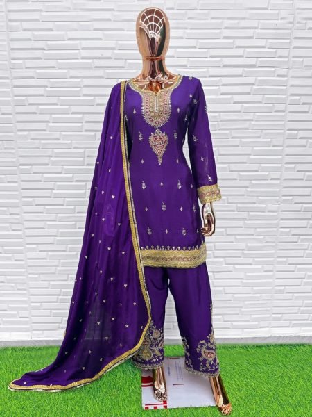 Showstopper Purple Chinon Sequence Work with Zarkan Diamond from Gulzar Catalog Designer Plazzo Salwar Suits Wholesale