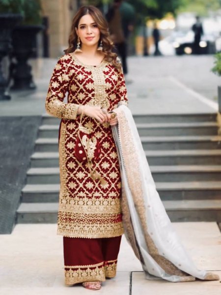 Showstopper Red Fully Stitched Georgette Suit and Pant with  Lace Border  Dupatta For Party Wear 