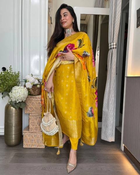 Showstopper Yellow Organza Jacquard Embroidered Kurti Set with Heavy Dupatta  Straight Cut Long Kurtis