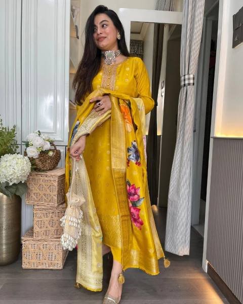 Showstopper Yellow Organza Jacquard Embroidered Kurti Set with Heavy Dupatta  Straight Cut Long Kurtis