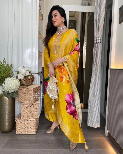 Showstopper Yellow Organza Jacquard Embroidered Kurti Set with Heavy Dupatta  Straight Cut Long Kurtis