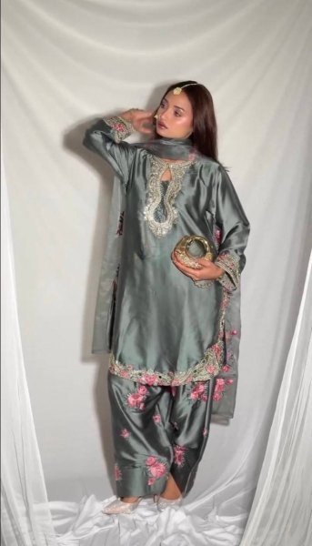 Signature Style Grey Japan Satin Embroidery Sequence Work Top With Designer Farshi Salwar  And Embroidery Dupatta Ready To Wear Collection