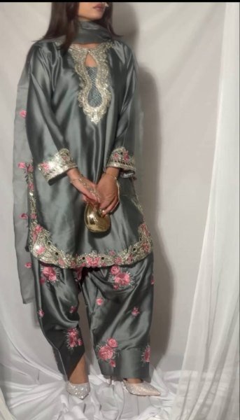 Signature Style Grey Japan Satin Embroidery Sequence Work Top With Designer Farshi Salwar  And Embroidery Dupatta Ready To Wear Collection