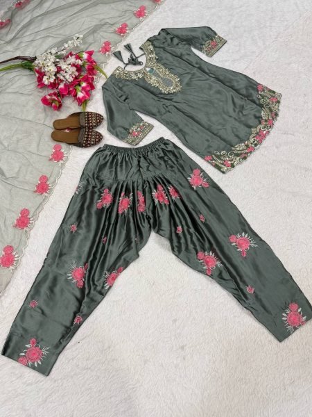 Signature Style Grey Japan Satin Embroidery Sequence Work Top With Designer Farshi Salwar  And Embroidery Dupatta Ready To Wear Collection