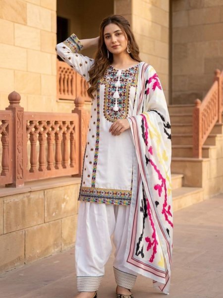 Signature White Natural Silk Celebration Set with Embroidery Work Ready To Wear Suit
