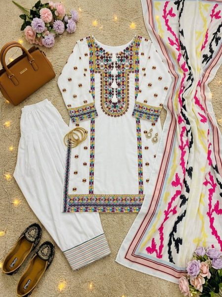 Signature White Natural Silk Celebration Set with Embroidery Work Ready To Wear Collection