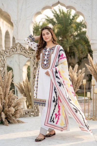 Signature White Natural Silk Celebration Set with Embroidery Work Ready To Wear Collection