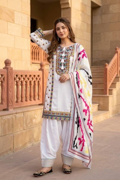 Signature White Natural Silk Celebration Set with Embroidery Work Ready To Wear Collection