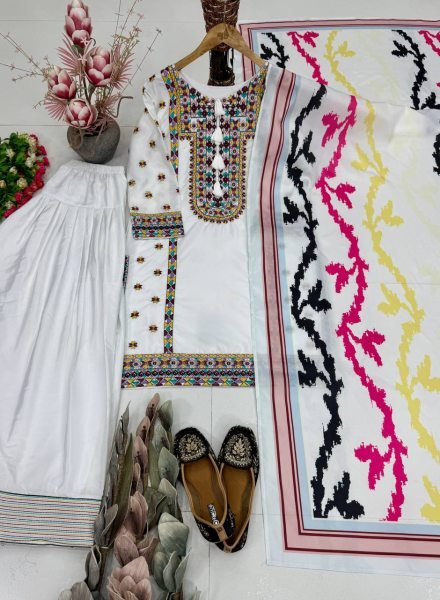 Signature White Natural Silk Celebration Set with Embroidery Work Ready To Wear Collection