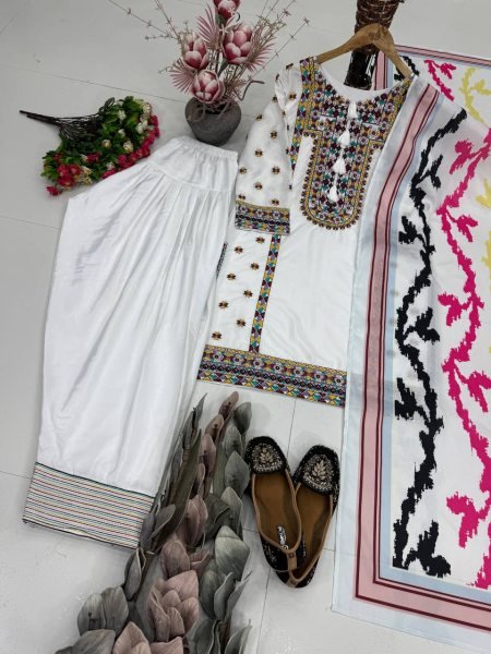Signature White Natural Silk Celebration Set with Embroidery Work Ready To Wear Collection