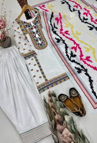 Signature White Natural Silk Celebration Set with Embroidery Work Ready To Wear Collection