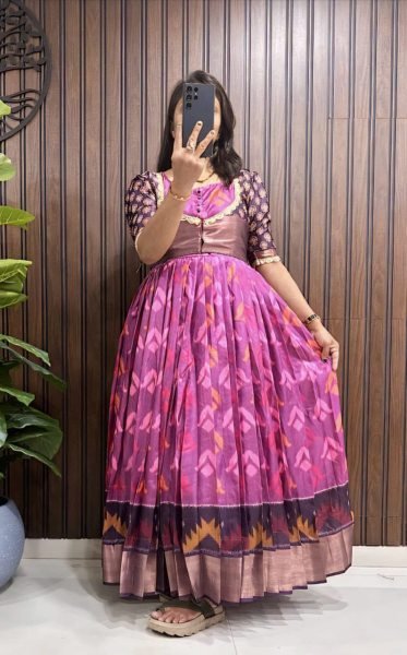 Silk Gown Full Flair Heavy Zari Contrast Border Gown Plus Size Kurti / Gown