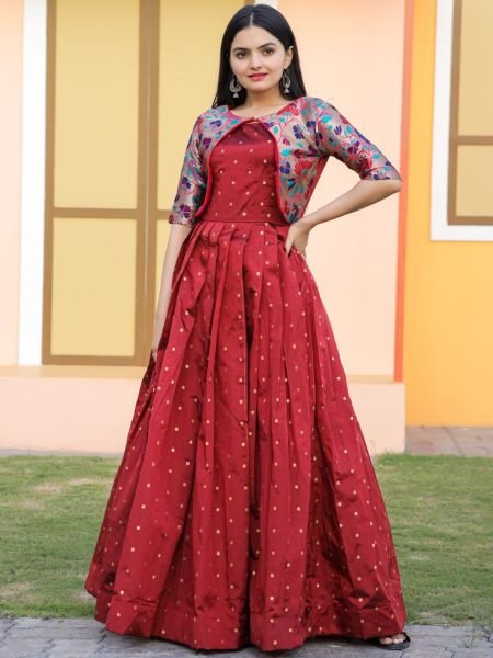 Silk Gown with Jequard weaving work western and Indian wear Koti Style Gown 