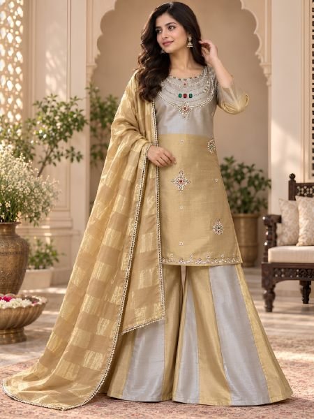 Silver Golden Party Wear Banarasi Viscose Top Palazzo Suit with Stone Embroidery Kurtis